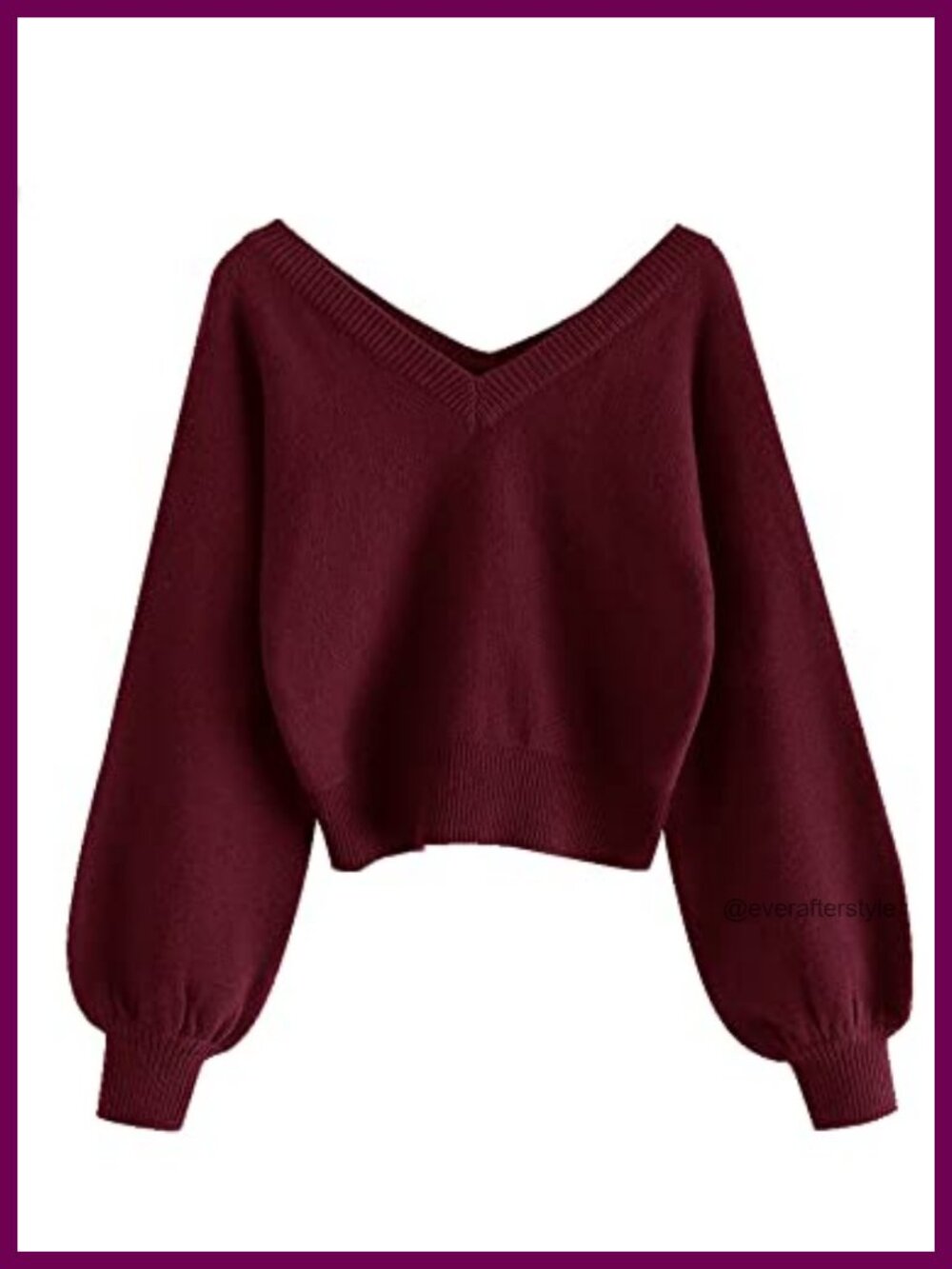 Cropped V-Neck Sweater Long Sleeve Knit Pullover Lantern Sleeve